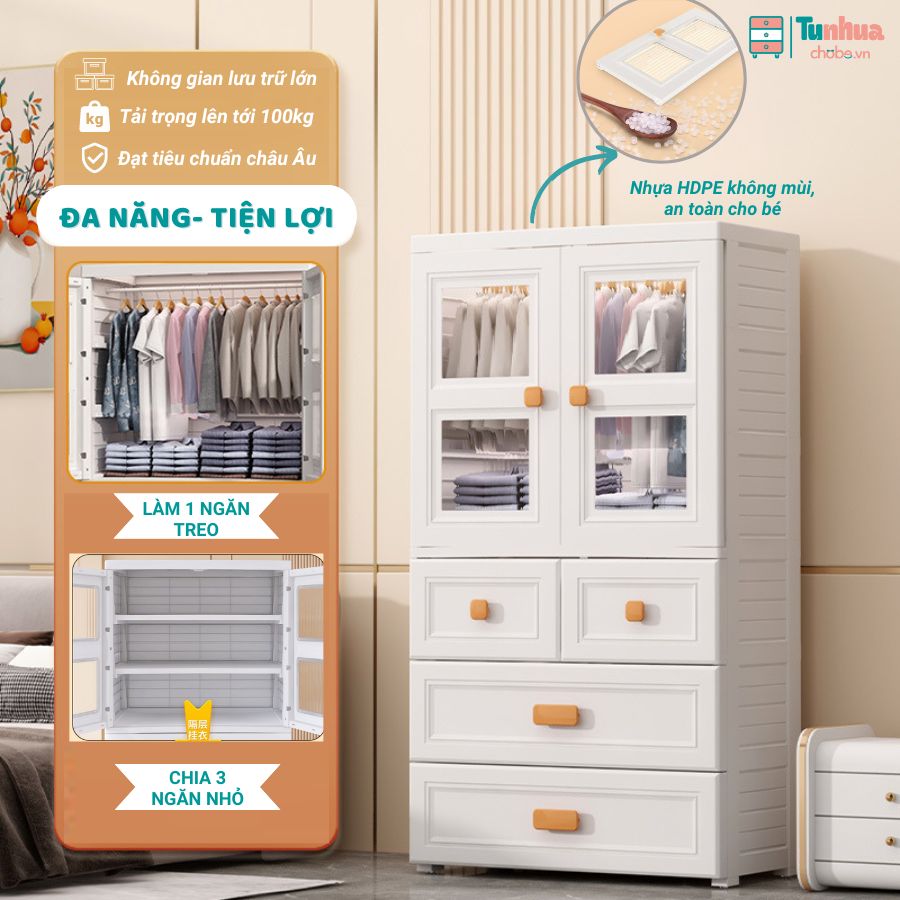 Sự kết hợp giữa ngăn treo và ngăn kéo giúp tủ nhựa cho bé dễ dàng lưu trữ được nhiều dạng đồ dùng khác nhau