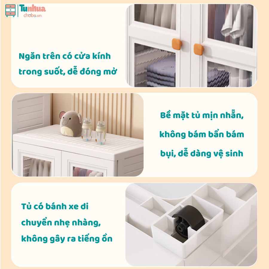 Sự kết hợp của chất liệu nhựa trong giả kính khiến chiếc tủ trở nên sang trọng, hiện đại