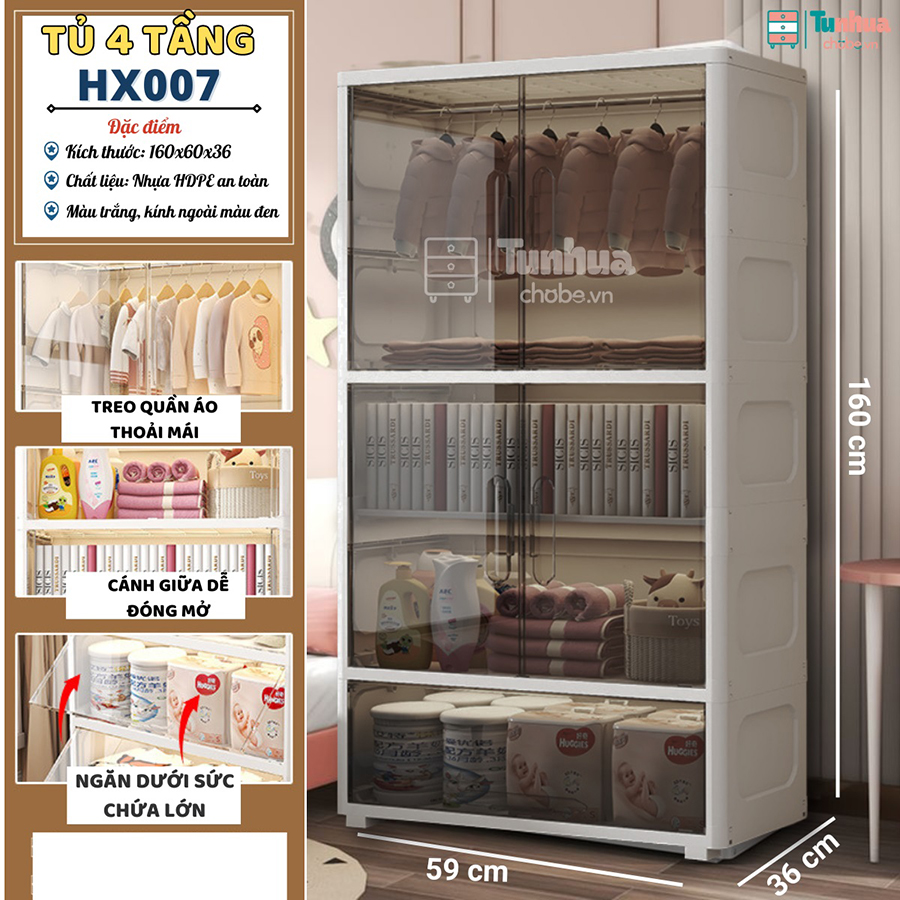Tủ nhựa cho bé Pakey 4 tầng cánh trong - HX007