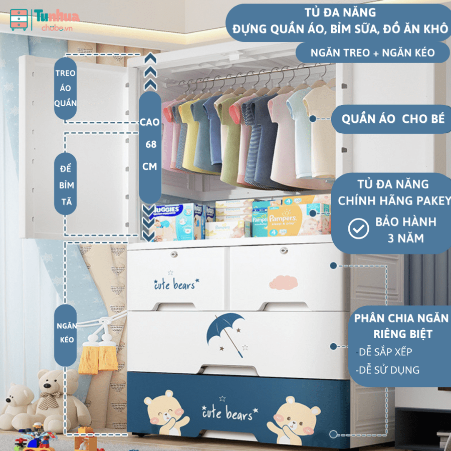 Tủ nhựa đa năng với thiết kế kết hợp giữa ngăn treo và ngăn kéo giúp bạn lưu trữ đồ đạc 1 cách khoa học