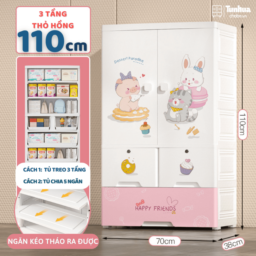 Thông số kỹ thuật của mẫu tủ nhựa Pakey 3 tầng màu hồng