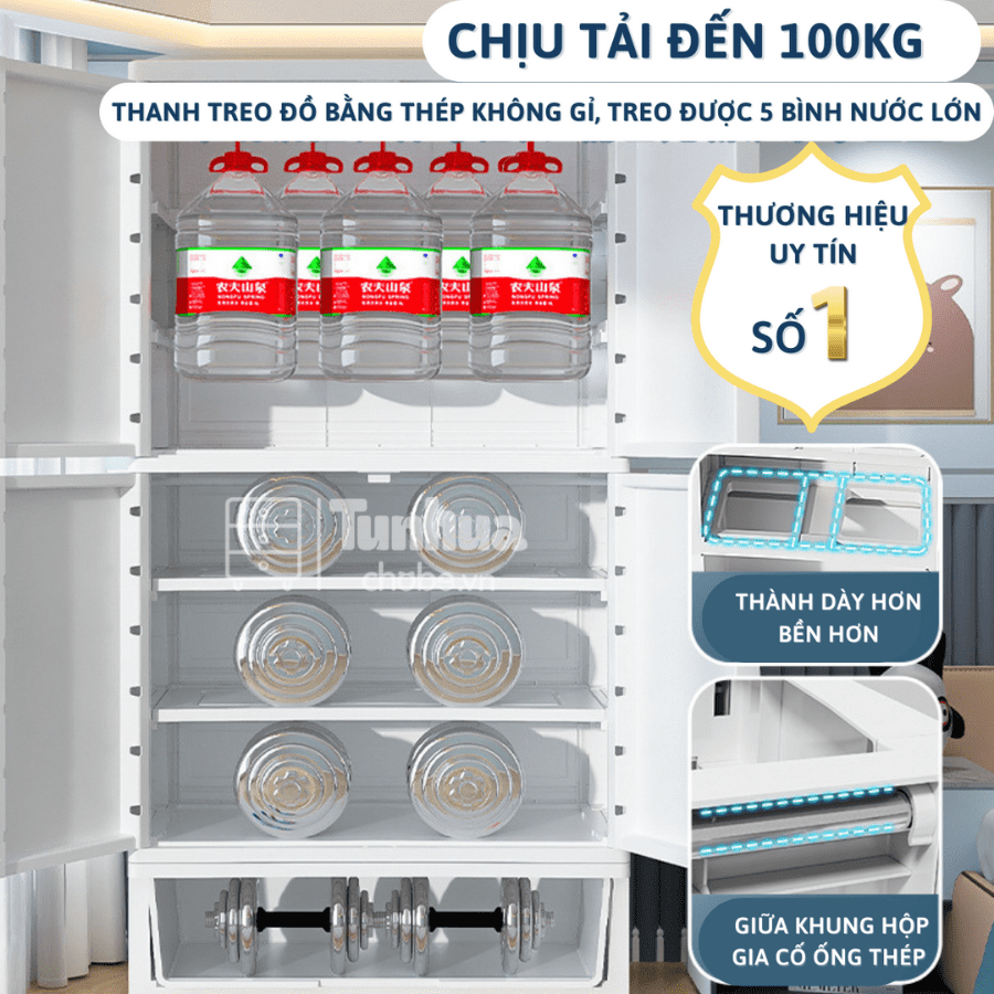 Khoang tủ rộng, sâu 38cm với dung tích chứa lớn, bố trí được nhiều loại đồ đạc của gia đình