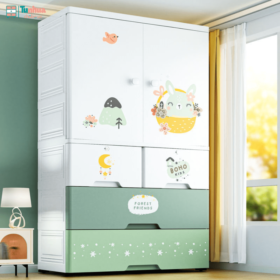 Tủ nhựa cho bé Pakey 4 tầng HX004 màu xanh lá là sự kết hợp giữa thiết kế ngăn kéo và ngăn treo
