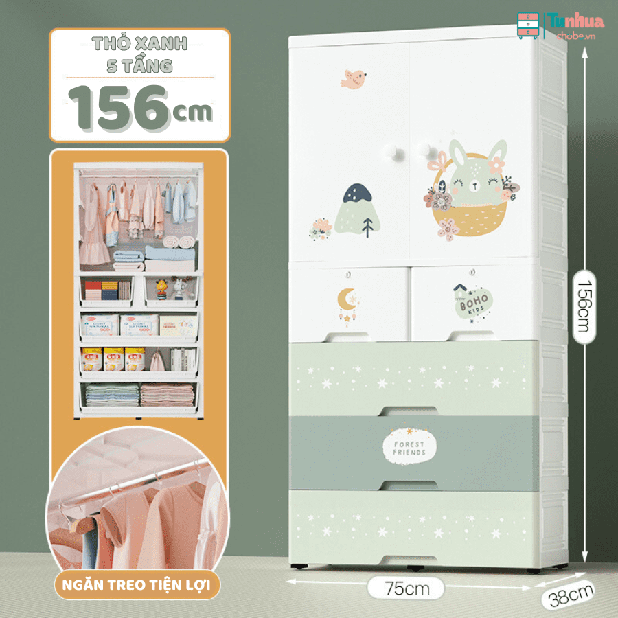 Kích thước của mẫu tủ nhựa 5 tầng HX004 màu xanh lá