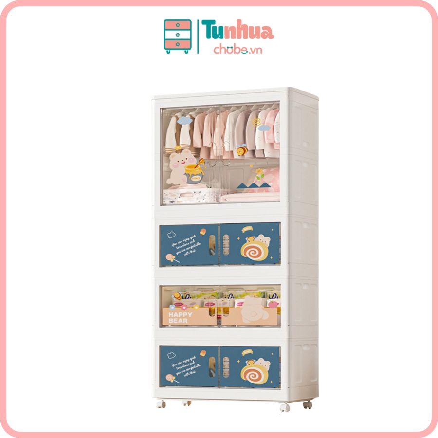 Tủ nhựa cho bé gấp gọn 4 tầng màu xanh của thương hiệu Pakey