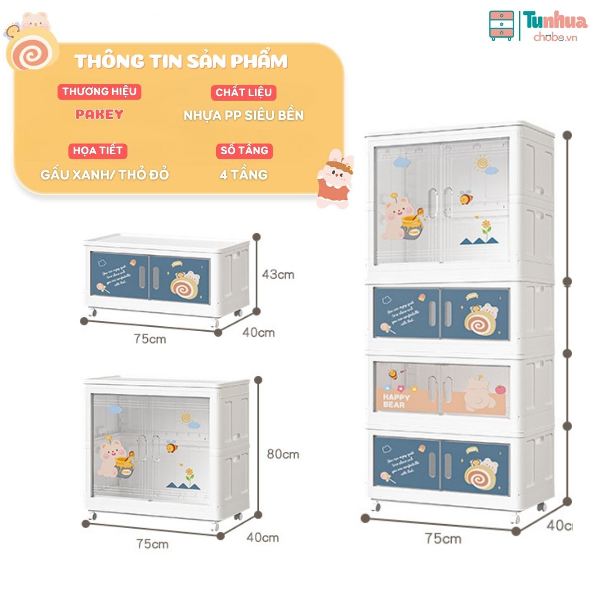 Thông tin kích thước của tủ nhựa cho bé Pakey SK007 4 tầng màu xanh